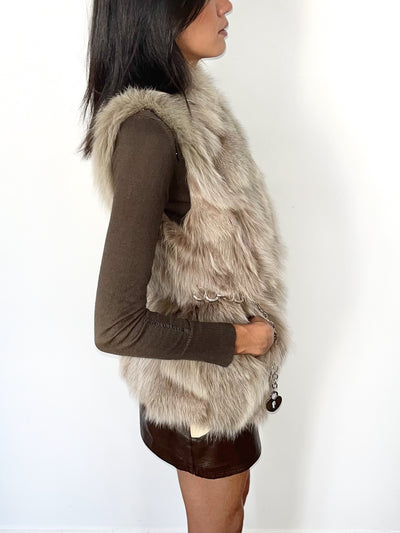 Gilet vintage sans manches en fourrure veritable de renard