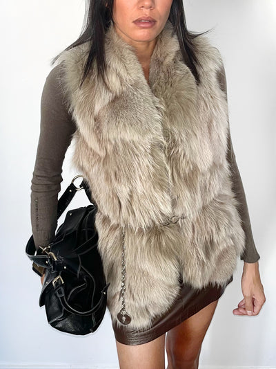 Gilet vintage sans manches en fourrure veritable de renard