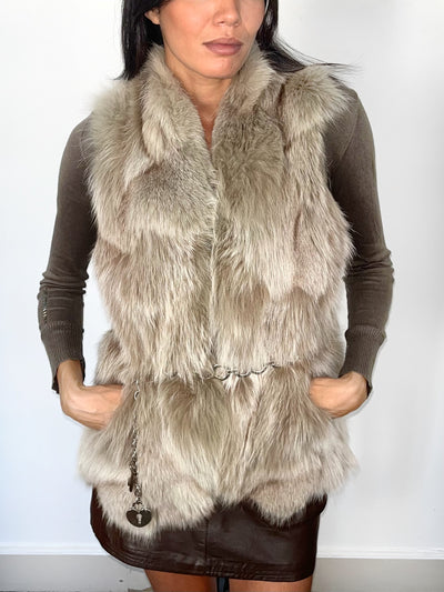 Gilet vintage sans manches en fourrure veritable de renard