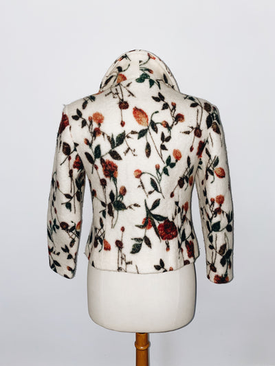 Veste Blazer en Laine Bouillie Écru et Motifs Floraux