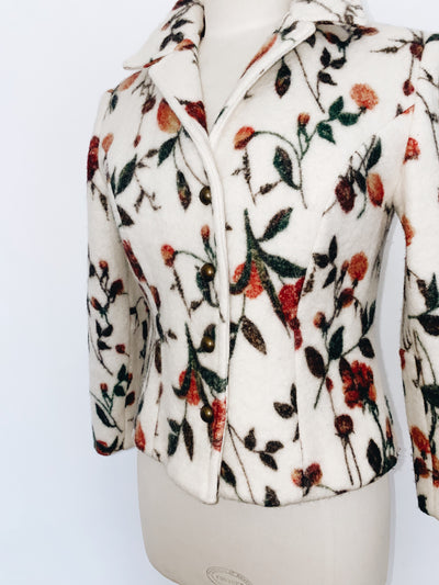 Veste Blazer en Laine Bouillie Écru et Motifs Floraux