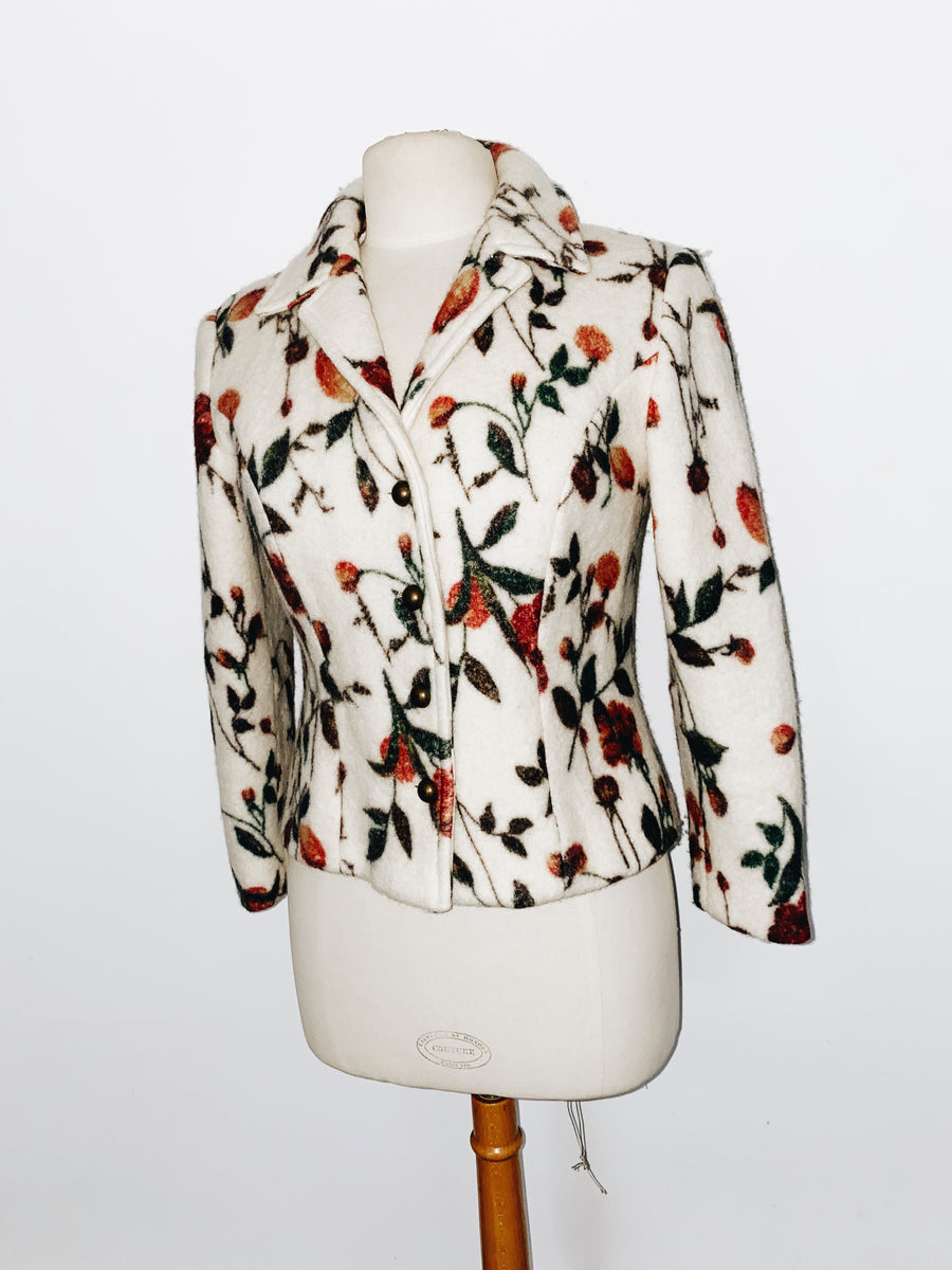 Veste Blazer en Laine Bouillie Écru et Motifs Floraux