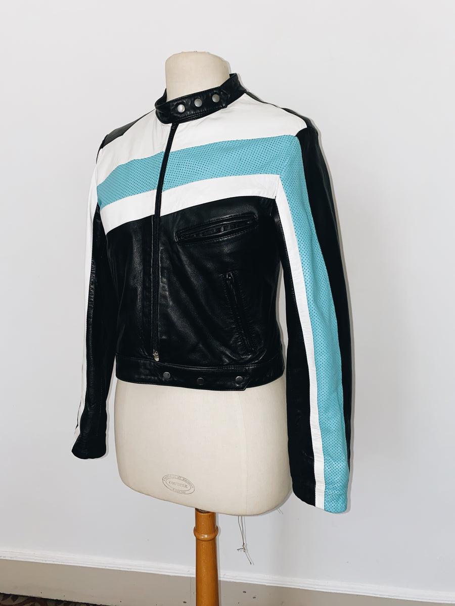 Veste biker en cuir véritable tricolore ( SOLD OUT )