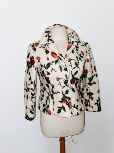 Veste Blazer en Laine Bouillie Écru et Motifs Floraux