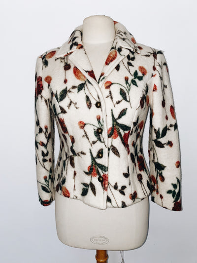 Veste Blazer en Laine Bouillie Écru et Motifs Floraux